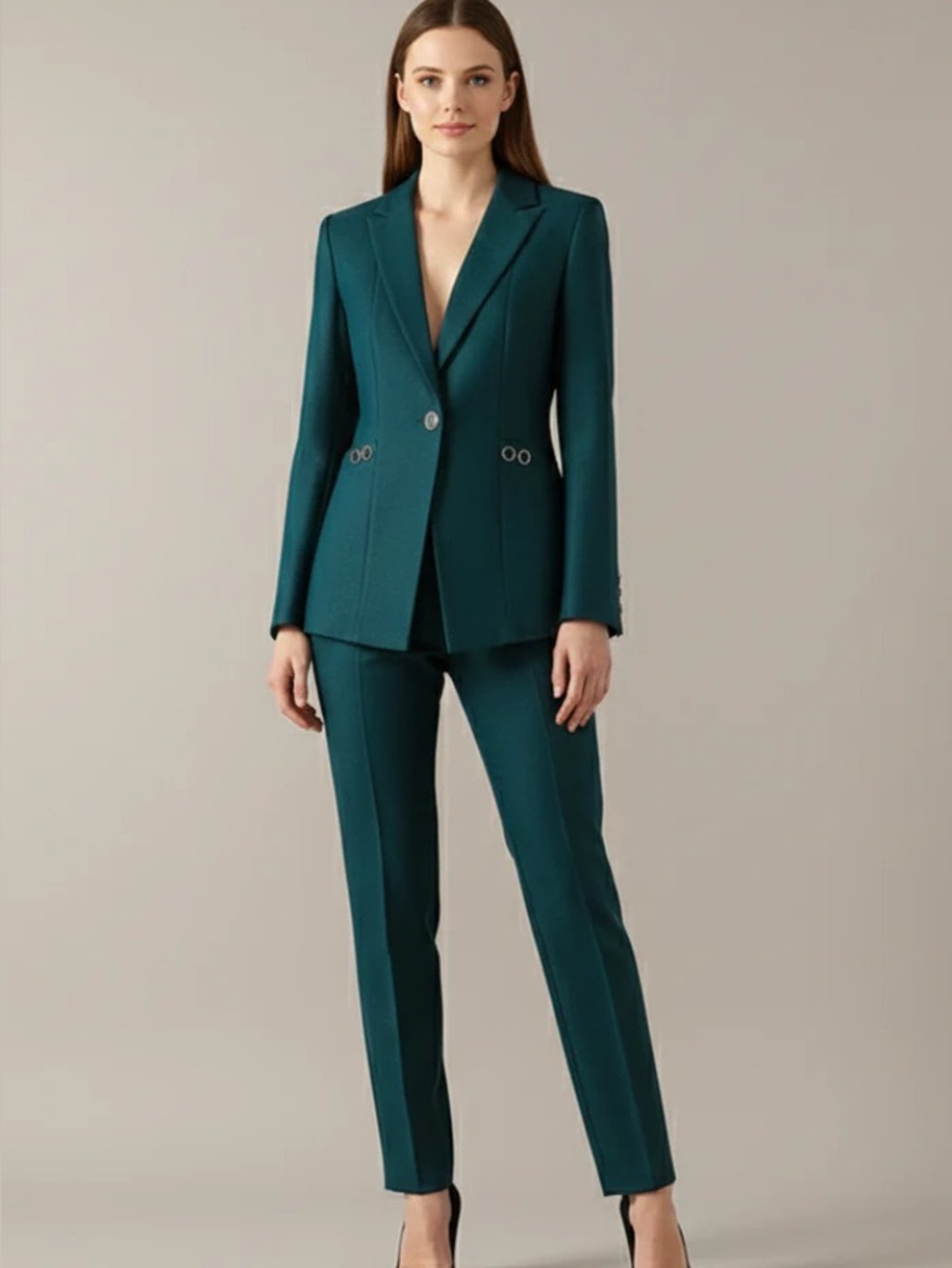 EMILIA Teal Green Tailored Women's Pantsuit — Blazer & Straight Trousers
